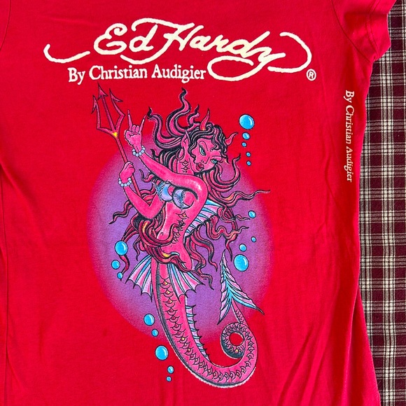 Woman’s Vintage Ed Hardy By Christian Audigier Red Devil Mermaid Shirt - Picture 2 of 6